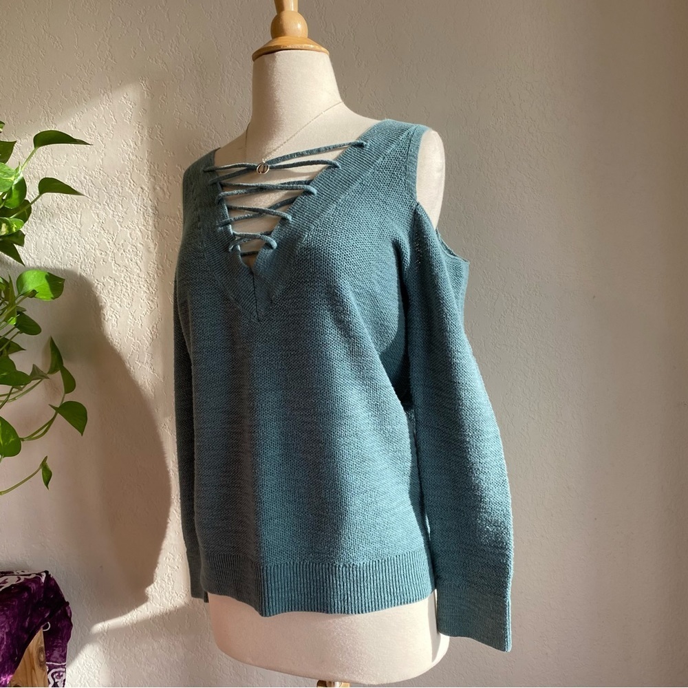 COPY - Express Teal Blue knit sweater - cold shoulder lace up details